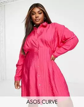 Ярко-розовое платье-рубашка мини с объемными рукавами и полосками ASOS DESIGN Curve Curve