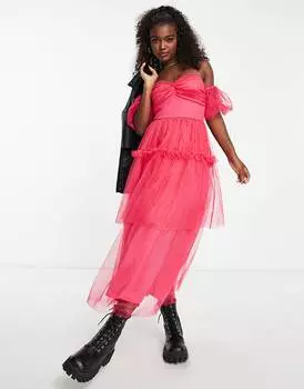 Ярко-розовое сетчатое платье миди с оборками Miss Selfridge