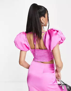 Ярко-розовый атласный корсетный топ с объемными рукавами Miss Selfridge