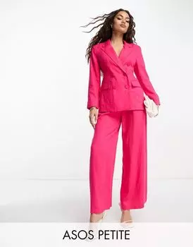 Ярко-розовый двубортный пиджак из смесового льна ASOS DESIGN Petite
