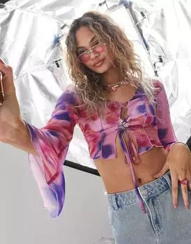 Ярко-розовый и фиолетовый топ ASOS DESIGN со шнуровкой и контрастной окантовкой
