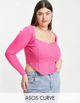 Ярко-розовый корсет в рубчик с очень широким вырезом ASOS DESIGN Curve Curve