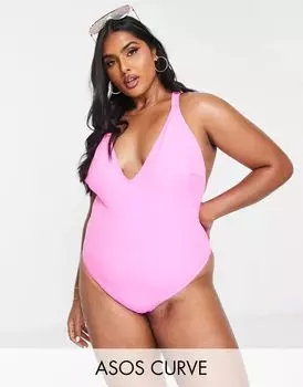 Ярко-розовый купальник с Т-образной спинкой ASOS DESIGN Curve