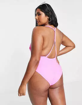 Ярко-розовый купальник с Т-образной спинкой ASOS DESIGN Curve