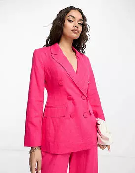 Ярко-розовый льняной двубортный пиджак ASOS DESIGN Petite