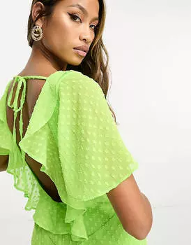Ярко-салатовое платье добби с запахом и оборками ASOS DESIGN