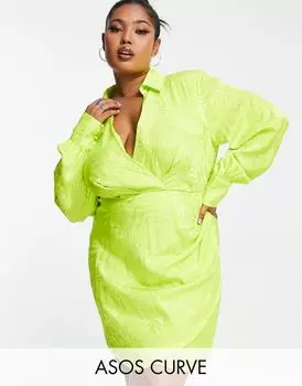 Ярко-салатовое платье мини с блузкой и подплечниками ASOS DESIGN Curve