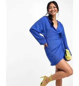 Ярко-синее платье мини с запахом и длинными рукавами ASOS DESIGN ASOS DESIGN