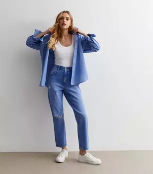 Ярко-синие рваные джинсы Tori Mom с высокой талией до колена New Look, ярко-синий