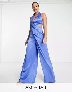 Ярко-синий комбинезон с драпировкой и вырезом на шее ASOS DESIGN Tall