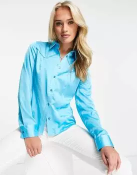 Ярко-синяя атласная рубашка узкого кроя с отстрочкой в стиле вестерн ASOS DESIGN