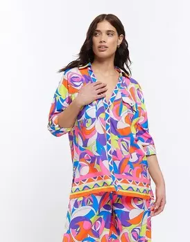 Ярко-синяя пляжная рубашка оверсайз River Island – с абстрактным узором
