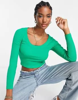 Ярко-зеленый топ в рубчик с длинными рукавами и круглым вырезом ASOS DESIGN