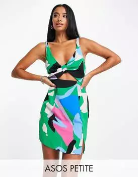 Яркое абстрактное платье мини с вырезами и узлом спереди ASOS DESIGN Petite