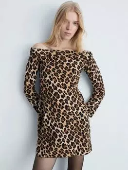 Яркое мини-платье с леопардовым принтом с открытыми плечами Mango, цвет Brown Multi