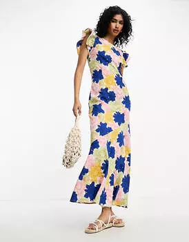 Яркое платье макси с оборками на плечах Vila