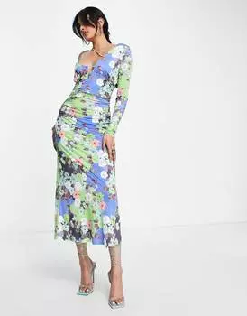 Яркое платье миди на одно плечо с рюшами и рюшами ASOS DESIGN