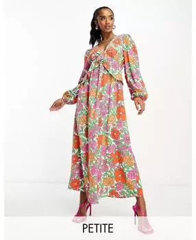 Яркое платье миди с объемными рукавами и оборкой на талии Vila Petite с ярким цветочным принтом