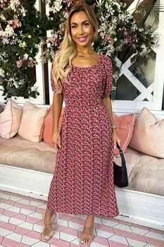 Яркое платье миди с пышными рукавами и цветочным принтом Ax Paris, красный