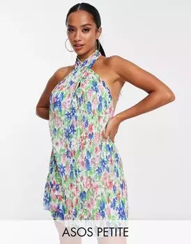 Яркое плиссированное мини-платье с вырезом бретелькой ASOS Petite