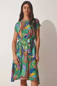 Яркое зеленое летнее платье из вискозы с поясом Happiness stanbul, зеленый
