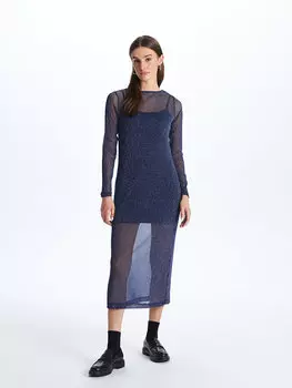 Яркое женское платье с круглым вырезом и длинными рукавами LCW Vision