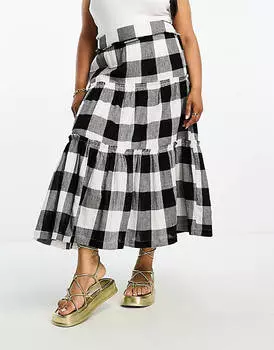 Ярусная юбка миди ASOS DESIGN Curve в крупную однотонную клетку