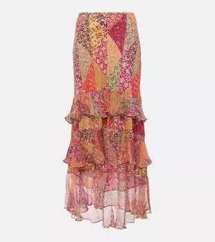 Ярусная юбка миди Preslee в стиле пэчворк Rixo, мультиколор