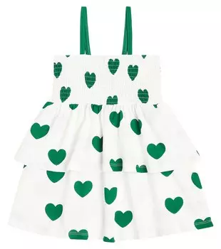 Ярусное хлопковое платье с присборенными сердечками Mini Rodini, белый