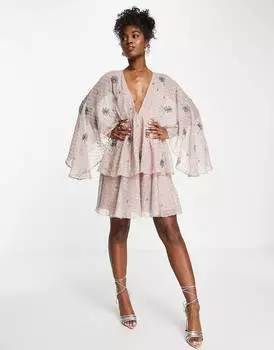 Ярусное мини-платье добби цвета пыльной розы ASOS DESIGN с линейным украшением в виде цветов ASOS DESIGN
