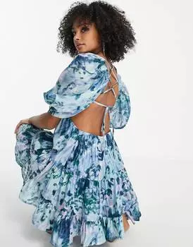 Ярусное мини-платье из вуали с абстрактным цветочным принтом ASOS DESIGN
