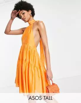 Ярусное мини-платье из вуали с завязками на спине ASOS DESIGN Tall оранжевого цвета