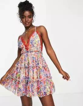 Ярусное мини-платье с цветочным принтом на пуговицах ASOS DESIGN ASOS DESIGN