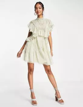 Ярусное мягкое мини-платье ASOS DESIGN с кружевной аппликацией на лифе и рюшами из камня ASOS DESIGN