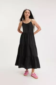 Ярусное платье макси из поплина Monki, черный