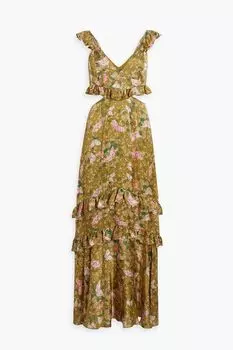 Ярусное платье макси из шелкового атласа с вырезами AMUR, горчичный