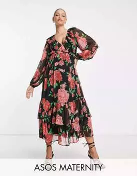 Ярусное платье макси с оборками красного цвета с цветочным принтом ASOS DESIGN Maternity