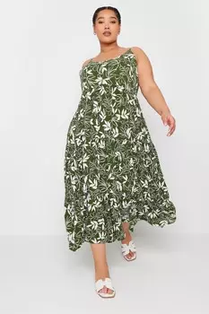 Ярусное платье макси с жатым принтом в виде листьев Yours, зеленый
