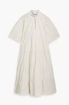 Ярусное платье миди из хлопкового поплина с цветочным принтом GANNI, розовый