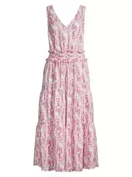 Ярусное платье-миди из льна Resort с цветочным принтом 120% Lino, розовый