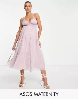 Ярусное платье миди на пуговицах ASOS DESIGN Maternity с кружевной отделкой