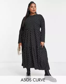 Ярусное платье миди с длинными рукавами и бежевым пятном ASOS DESIGN Curve