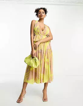 Ярусное платье миди с глубоким вырезом и складками ASOS DESIGN с абстрактным принтом