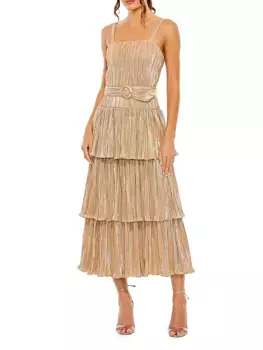 Ярусное платье-миди с поясом и эффектом металлик Mac Duggal, золото