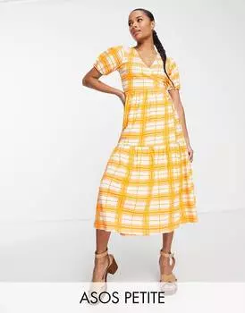 Ярусное платье миди с рукавами-фонариками в оранжевую клетку ASOS DESIGN Petite