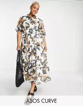 Ярусное платье миди с воротником и присборенной талией ASOS DESIGN Curve с абстрактным цветочным принтом