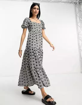 Ярусное платье миди в однотонную клетку ASOS DESIGN Broderie с квадратным вырезом