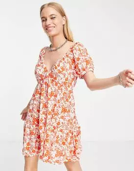 Ярусное платье мини с эластичным вырезом и красным цветочным принтом ASOS DESIGN