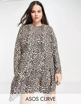 Ярусное платье мини с длинными рукавами и анималистичным принтом ASOS DESIGN Curve