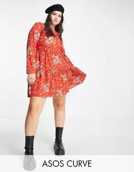 Ярусное платье мини с длинными рукавами и цветочным принтом ASOS DESIGN Curve